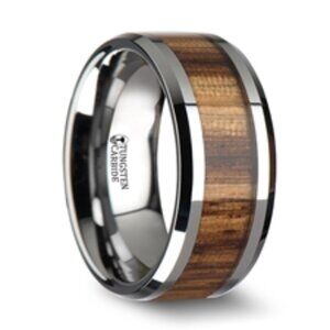 Tungsten Carbide Ring with Beveled Edges and Real Zebra Wood Inlay - 8mm  Sz 10